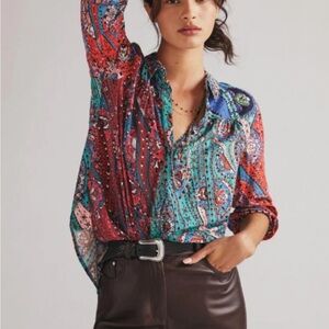 Anthropologie Maeve The Paz button down blouse turquoise paisley patchwork Small